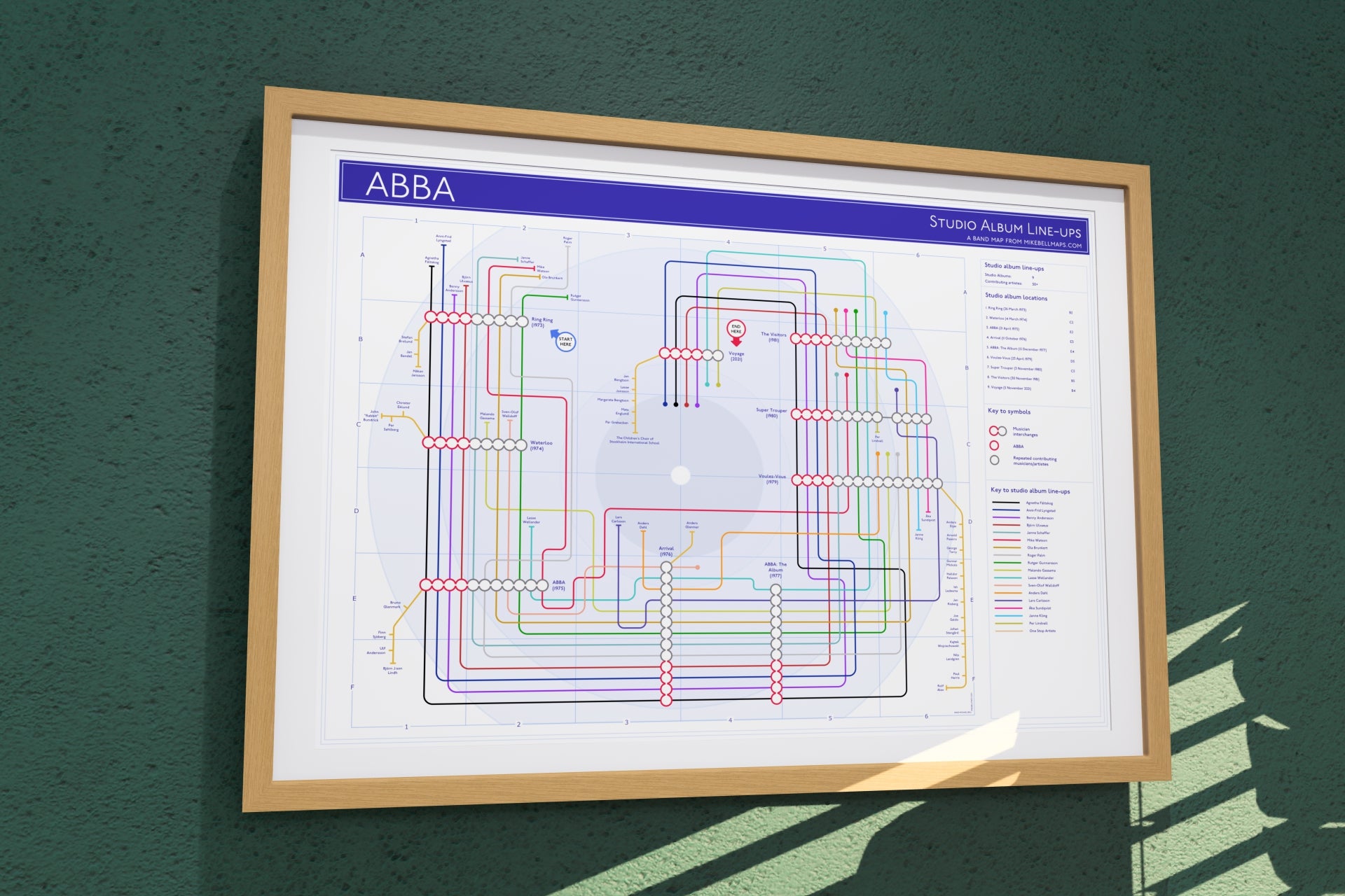 ABBA Discography Tube Map in oak frame on wall