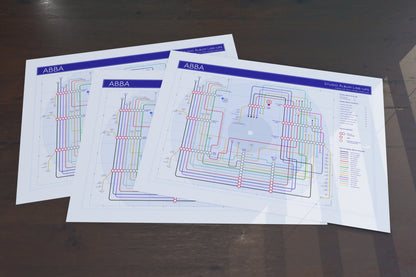 Detail of ABBA discography art print as tube map, highlighting complete album sequence.