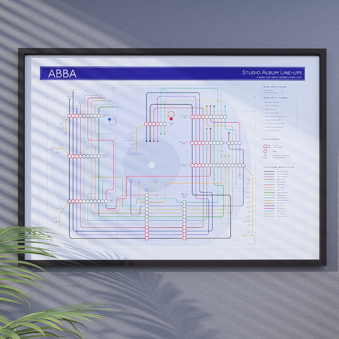 ABBA discography map wall art print in a sleek landscape framevon a clean minimalist wall, from Mike Bell&