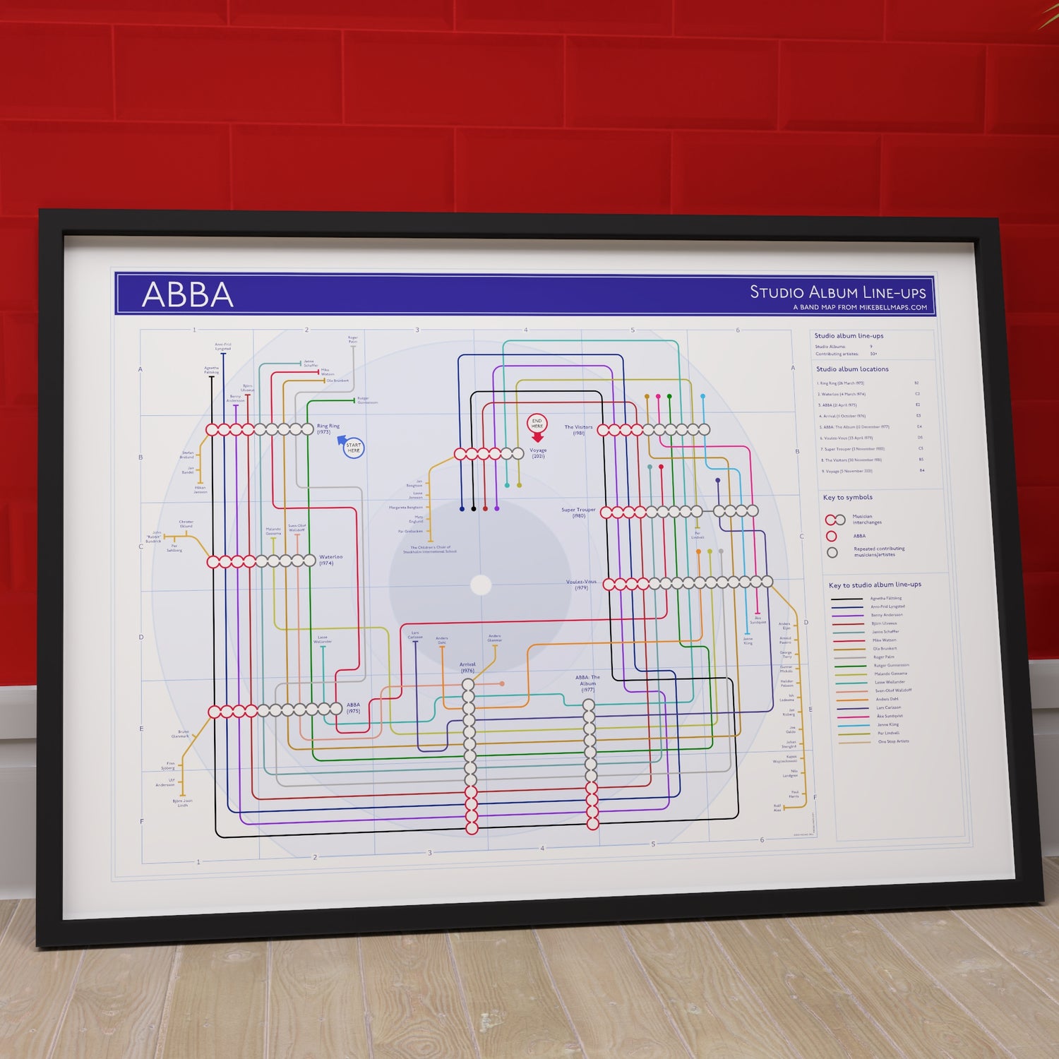 Close-up of the ABBA discography map showing Agnetha, Björn, Benny and Anni-Frid running as continuous tube lines through the albums, designed by Mike Bell.