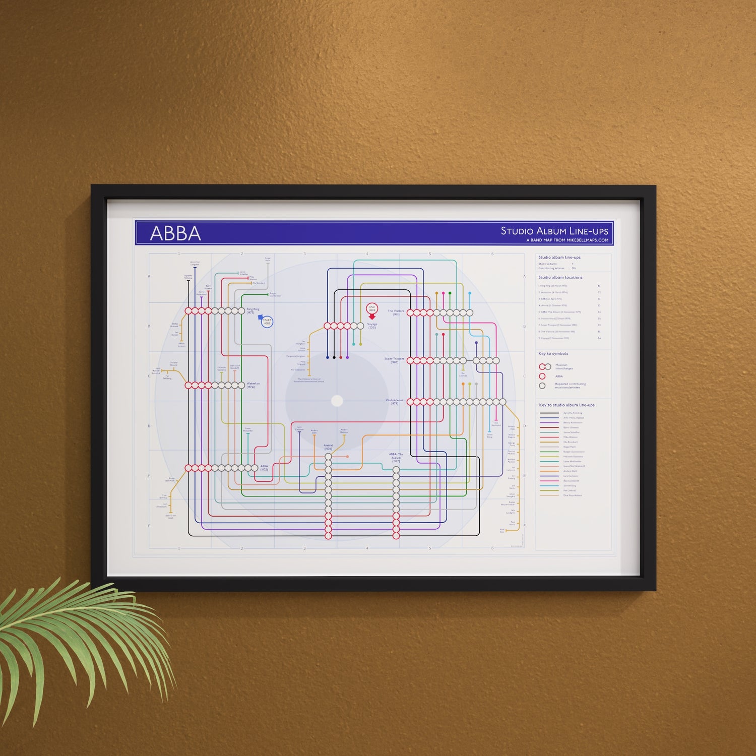 ABBA discography map framed and displayed against a styled wall, landscape Giclée print by Mike Bell.