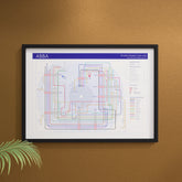 ABBA discography map framed and displayed against a styled wall, landscape Giclée print by Mike Bell.