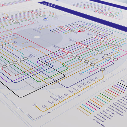 Detail of the ABBA discography map tracing the studio albums in chronological order as map stations, designed by Mike Bell.