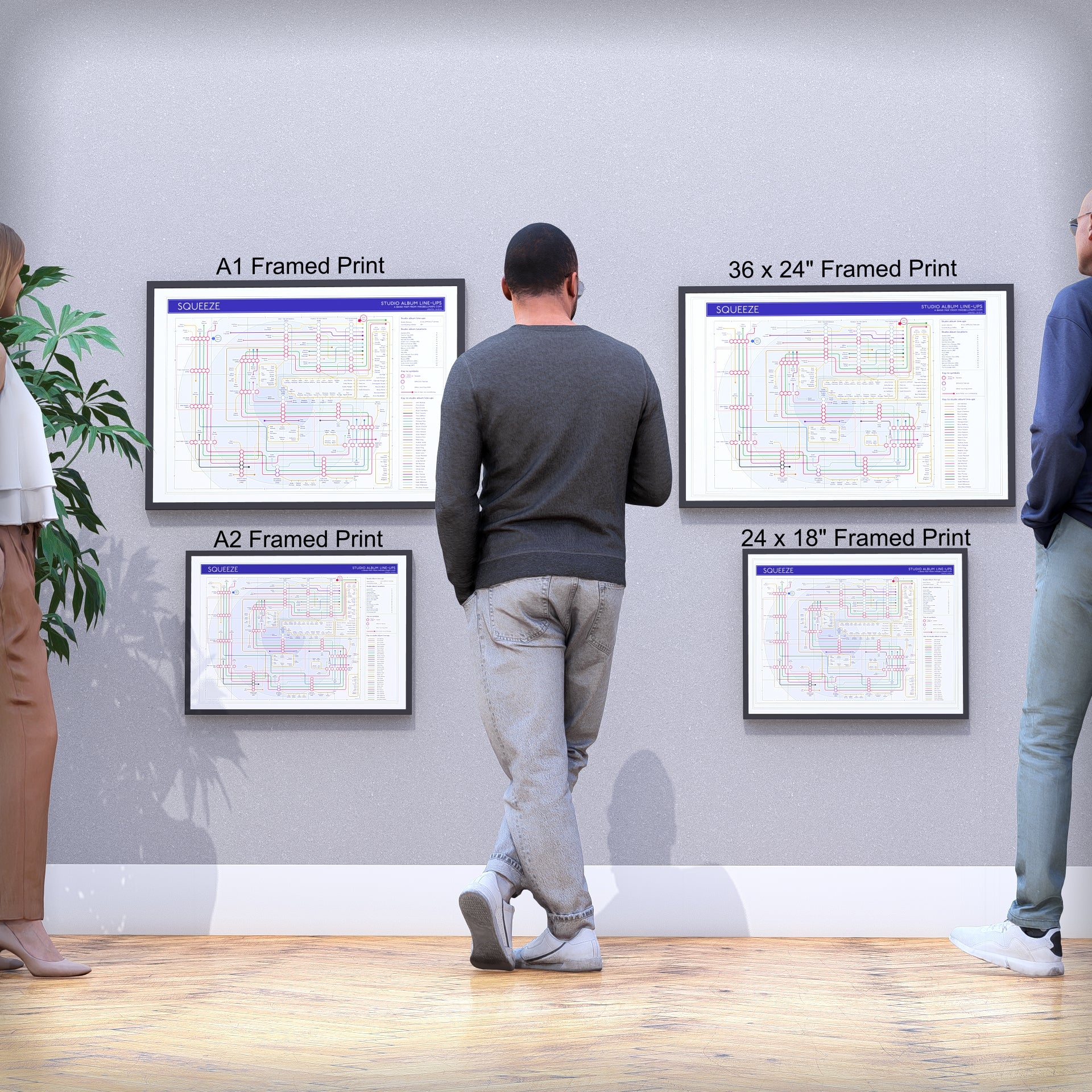 Squeeze discography tube map wall art print collection, ideal gift for fans of Squeeze, designed by Mike Bell.