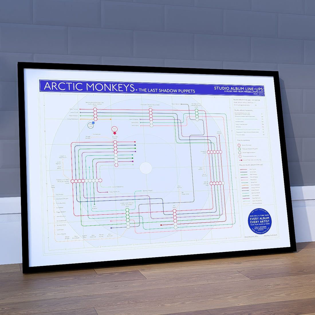 Arctic Monkeys music history discography map, framed landscape wall art print making a perfect music lover gift, from Mike Bell&