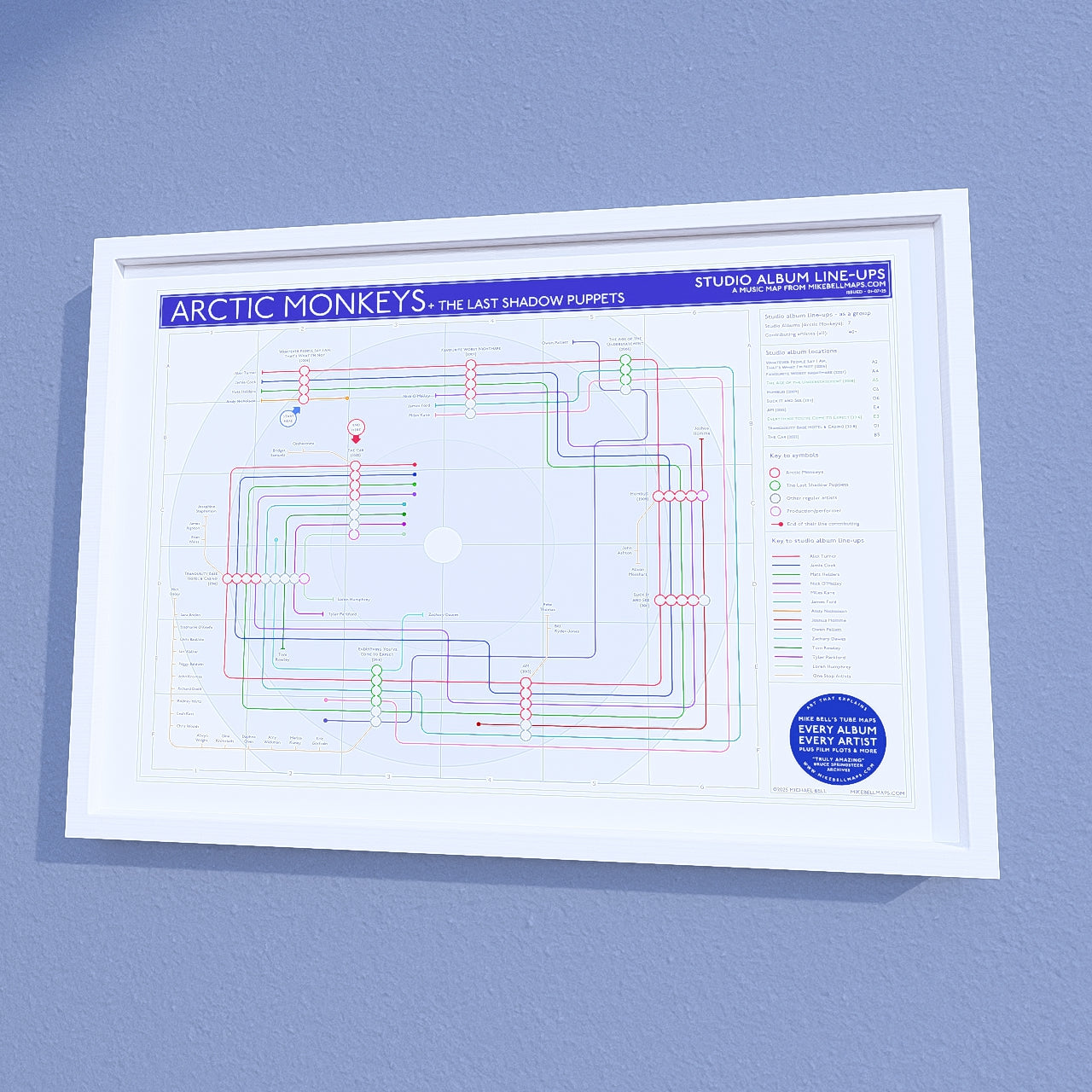 Close-up detail of the Arctic Monkeys discography map timeline showing studio albums, designed by Mike Bell at mikebellmaps.com.