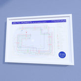 Close-up detail of the Arctic Monkeys discography map timeline showing studio albums, designed by Mike Bell at mikebellmaps.com.