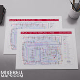 Back to the Future plot map shown framed in two sizes, landscape Giclée film wall art print by Mike Bell.
