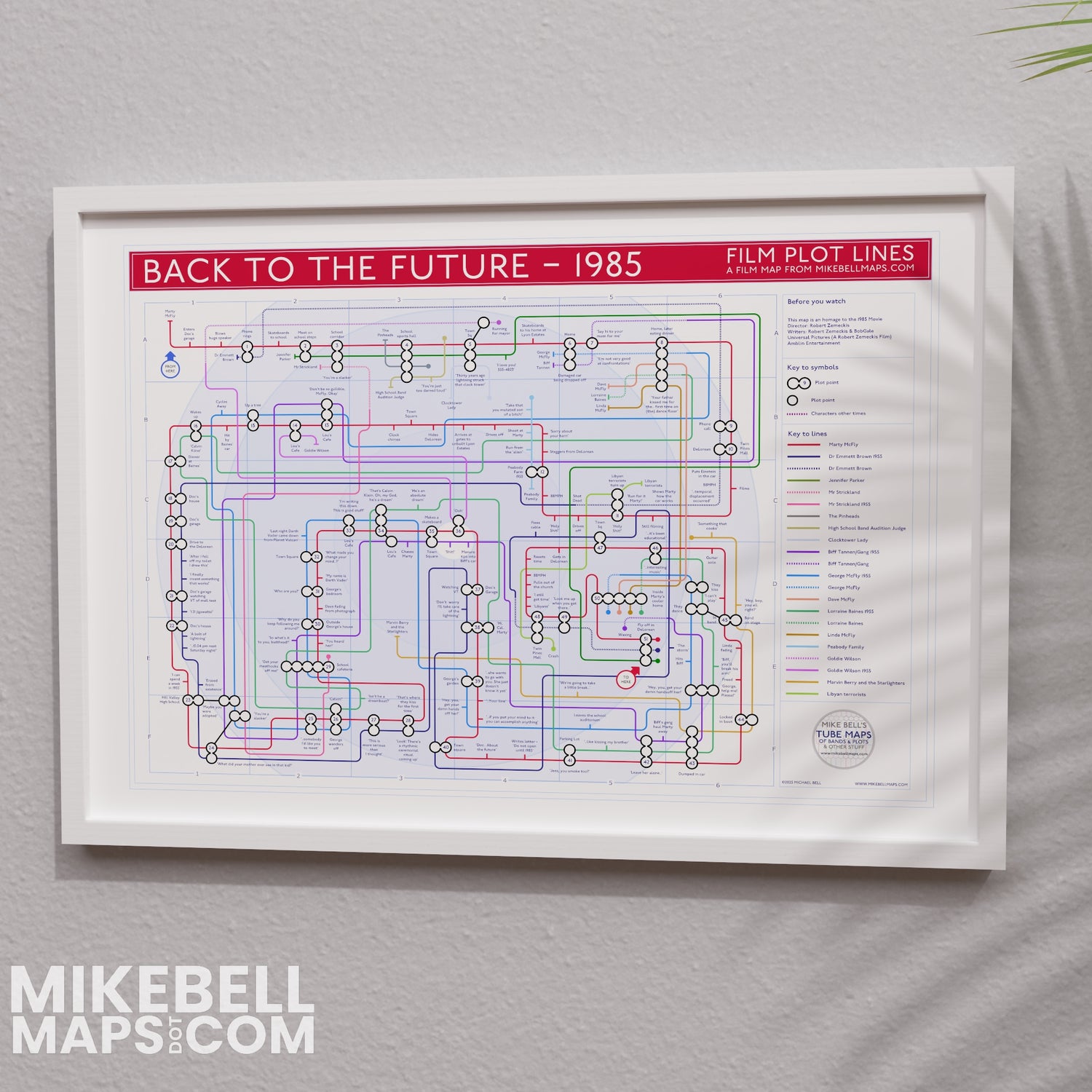 Back to the Future plot map framed on a wall, landscape Giclée film wall art print by Mike Bell.