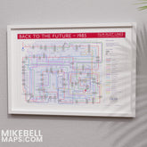 Back to the Future plot map framed on a wall, landscape Giclée film wall art print by Mike Bell.