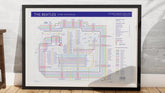 Beatles tube map art print of studio albums and musicians. Ideal gift for fans of music, records, and gigs.