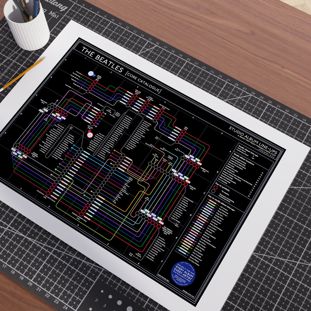 Close-up of The Beatles Black Edition discography map tracing the albums from Please Please Me in 1963 to Let It Be in 1970, designed by Mike Bell.