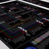 Detail of The Beatles Black Edition discography map showing Lennon, McCartney, Harrison and Starr as the four constant lines, designed by Mike Bell.