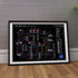 The Beatles Black Edition discography map framed on a wall showing every studio album in order, designed by Mike Bell.