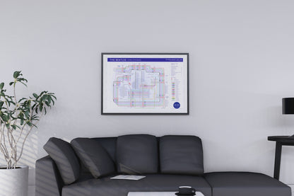 Close-up of The Beatles discography tube map print highlighting early albums including Please Please Me and With The Beatles.