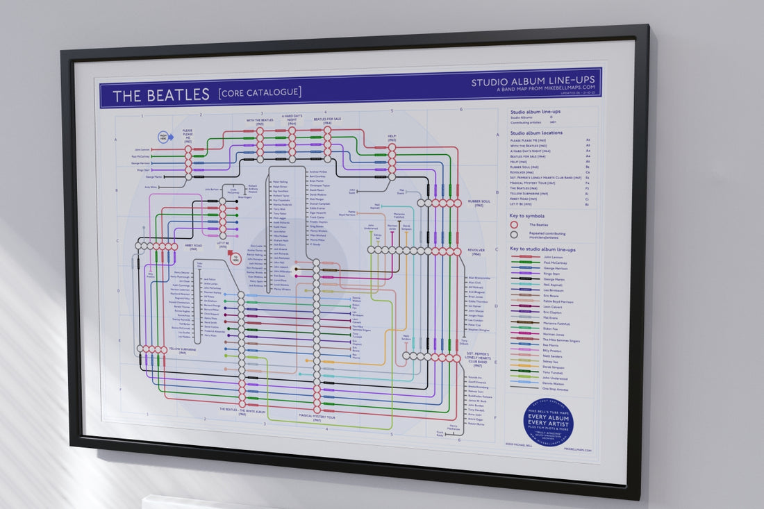 Full-view of The Beatles studio albums illustrated in a tube map format, framed art print perfect for fans and music collectors.