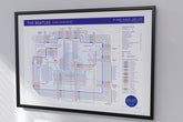 Full-view of The Beatles studio albums illustrated in a tube map format, framed art print perfect for fans and music collectors.