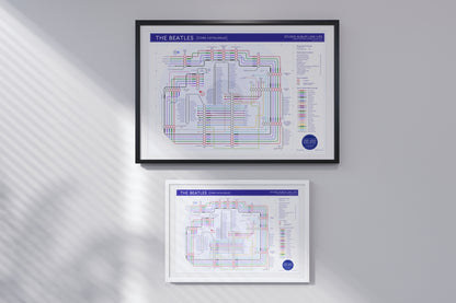 The Beatles complete studio album discography as a colourful tube map, showing every album in release order on a framed art print