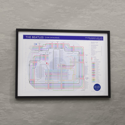 Music wall art gift for Beatles fans - The Beatles discography tube map in A1 size, framed Giclée wall art print hung on a wall, designed by Mike Bell.