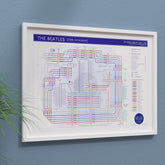 The Beatles discography map shown framed in two sizes, landscape Giclée wall art print by Mike Bell.