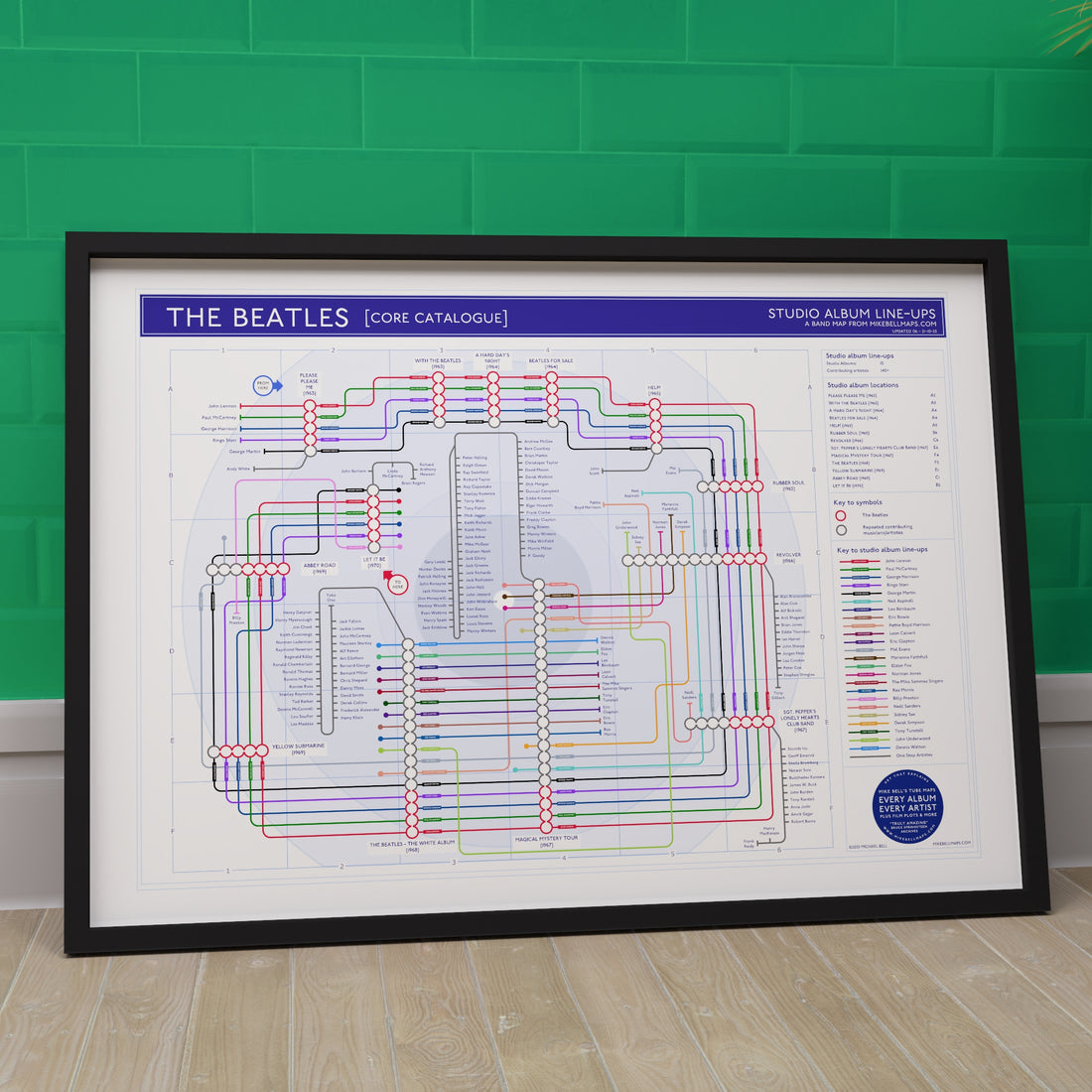 The Beatles discography map framed and leaning against a wall, landscape Giclée wall art print by Mike Bell.