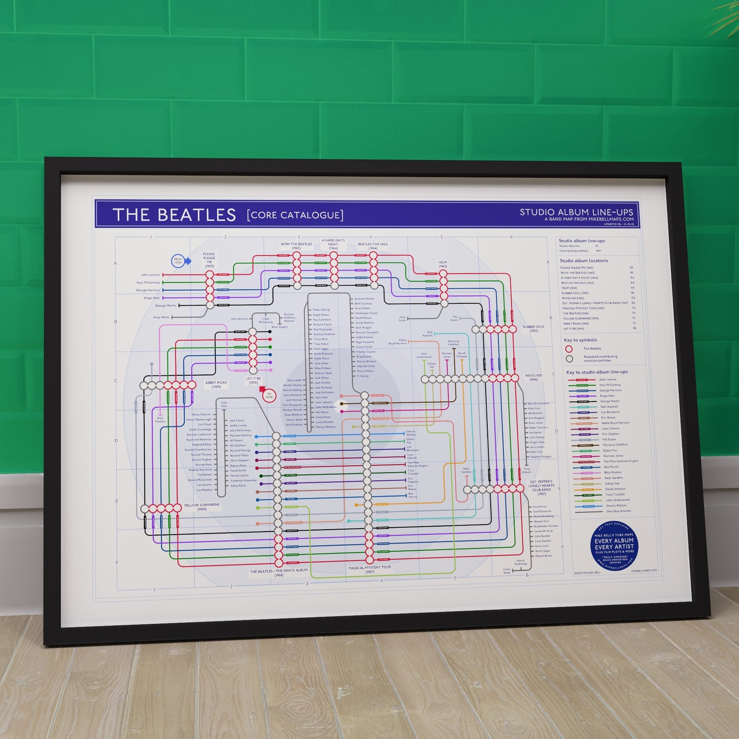 The Beatles discography map framed and leaning against a wall, landscape Giclée wall art print by Mike Bell.
