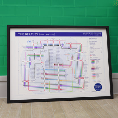 Framed art print gift for Beatles fans - The Beatles discography tube map in A1 size, framed Giclée wall art print propped against a wall on the floor, designed by Mike Bell.