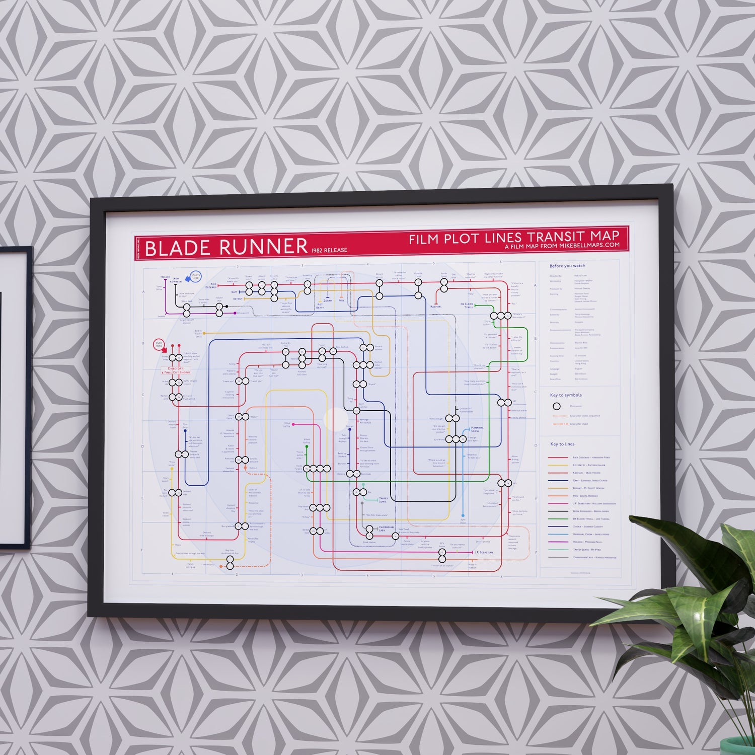 Blade Runner movie plot lines map in A2 size, framed Giclée wall art print in black handmade Italian solid wood frame by Mike Bell.