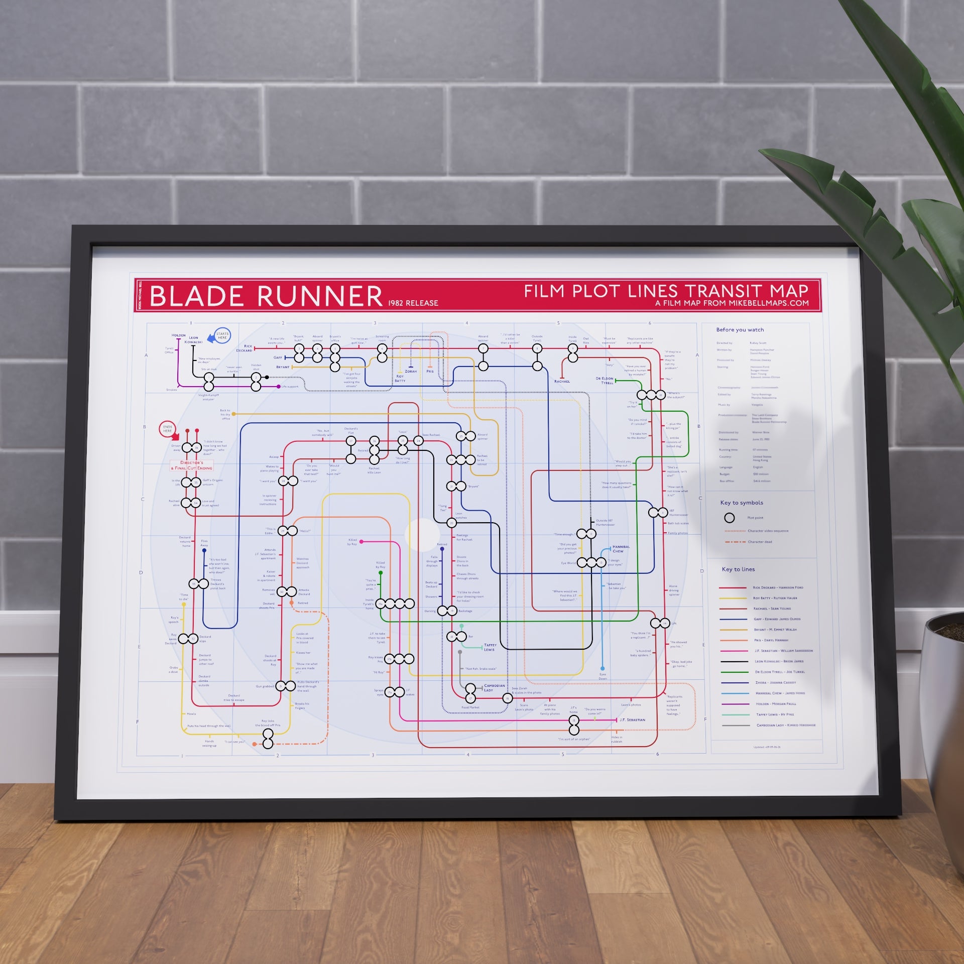 Framed art print gift for Blade Runner fans - the Blade Runner plot map in A1 size, framed Giclée wall art print propped against a wall on the floor, by Mike Bell.