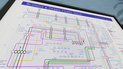 Blondie art print, a discography tube map by Mike Bell, featuring every studio album as stations and musicians as connecting lines.
