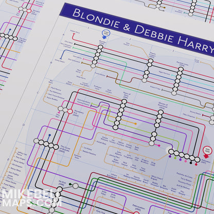 Close-up of the Blondie discography map showing Debbie Harry and Chris Stein as the constant tube lines through the albums, designed by Mike Bell.