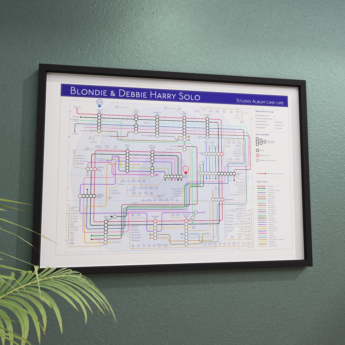 Blondie discography map framed on a wall, landscape Giclée print by Mike Bell.