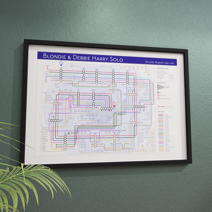 Blondie discography map framed on a wall, landscape Giclée print by Mike Bell.