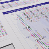 Close-up of the Bob Marley discography map showing the named musicians and album stations as a single readable network, designed by Mike Bell.
