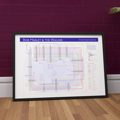 Bob Marley discography map in A2 size, framed Giclée wall art print in black handmade Italian solid wood frame by Mike Bell.