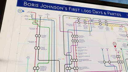 Boris Johnson Lies And Partygate Political Lies art print map detailing misinformation and political scandals from his time in office.
