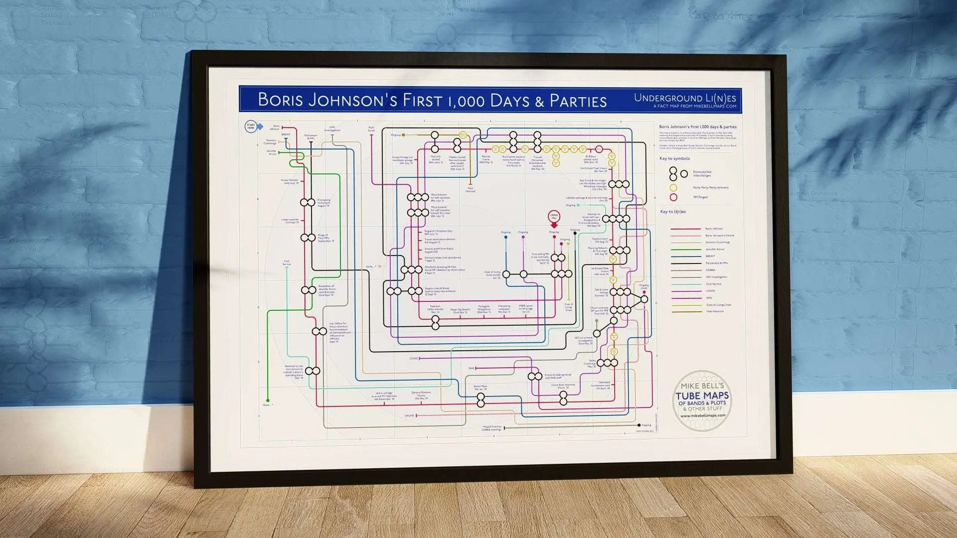 Boris Johnson Political Lies Art Print Map, depicting key moments, scandals, and Partygate events from his time in office in a tube map format.
