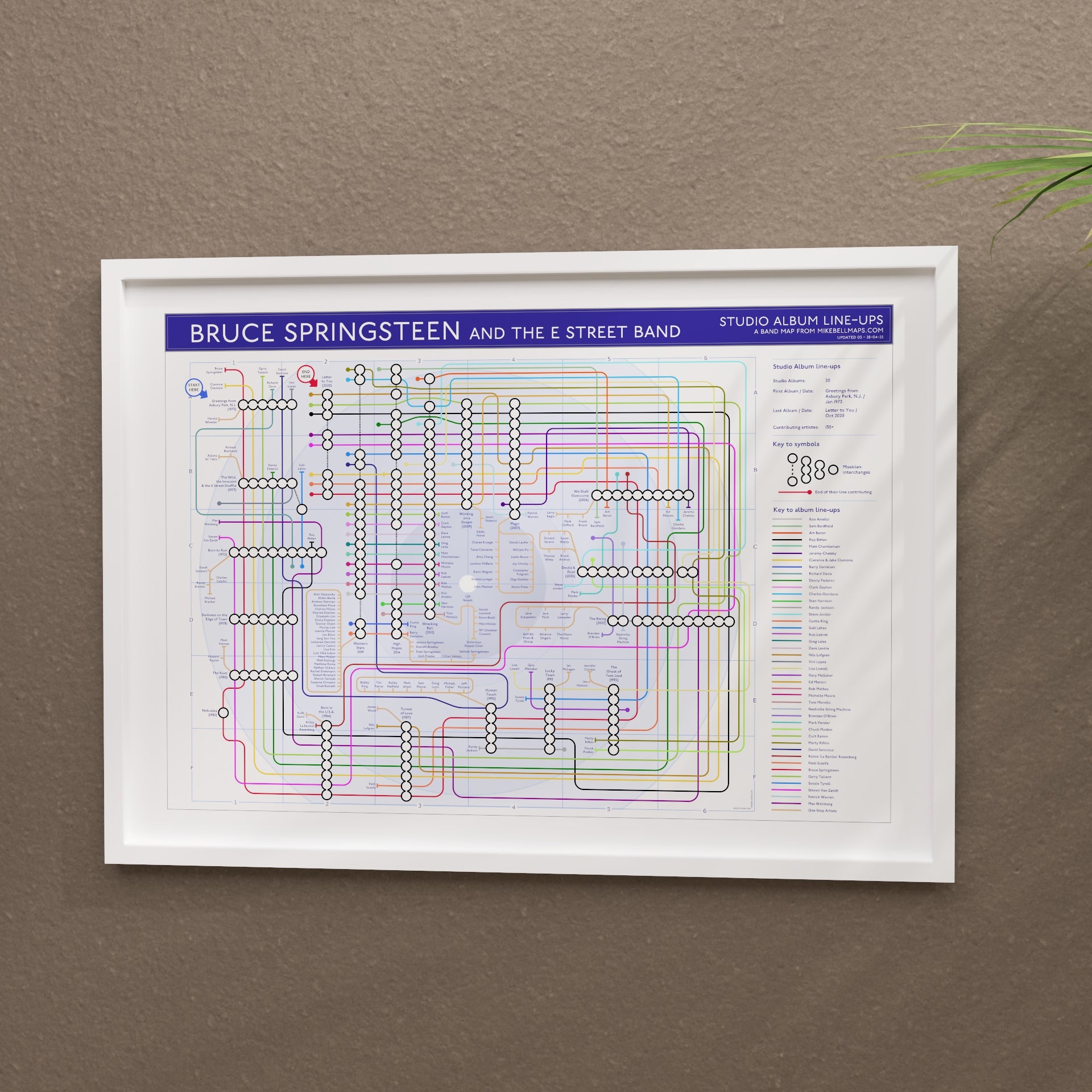 Bruce Springsteen discography map in A1 size, framed Giclée wall art print in white handmade Italian solid wood frame by Mike Bell.