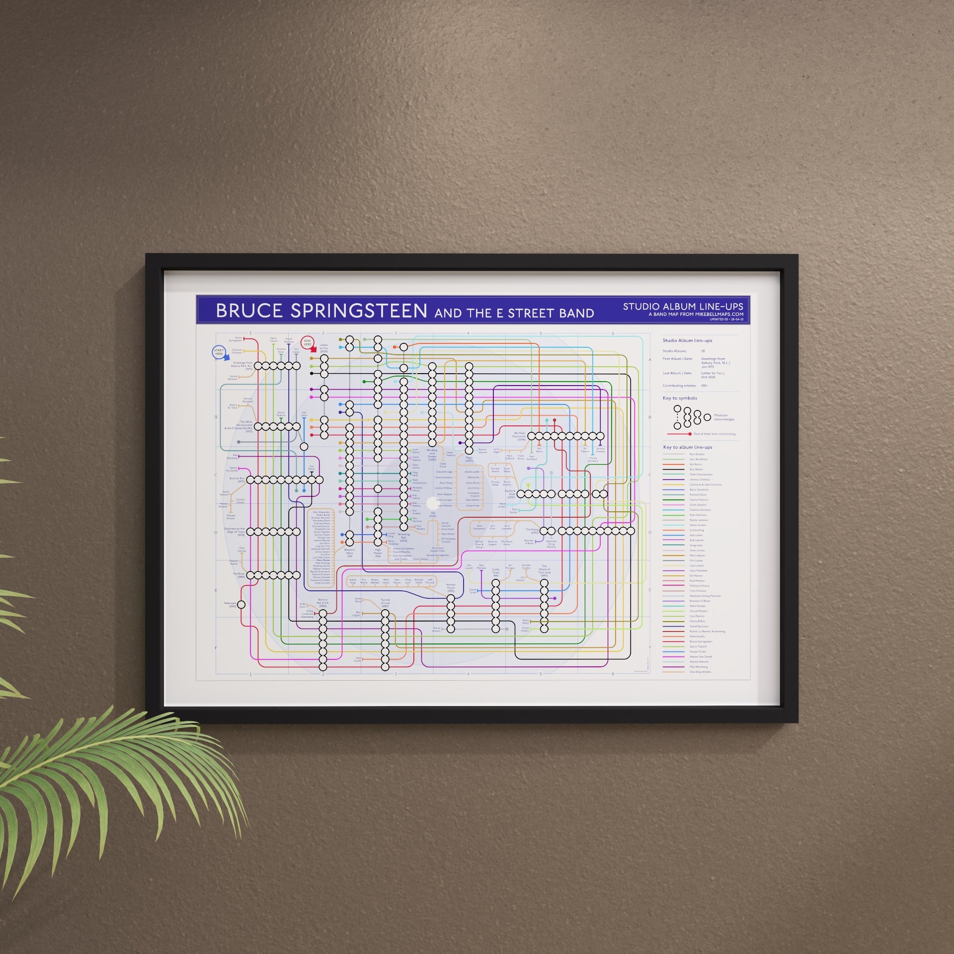 Bruce Springsteen discography tube map art print, A2 black frame
