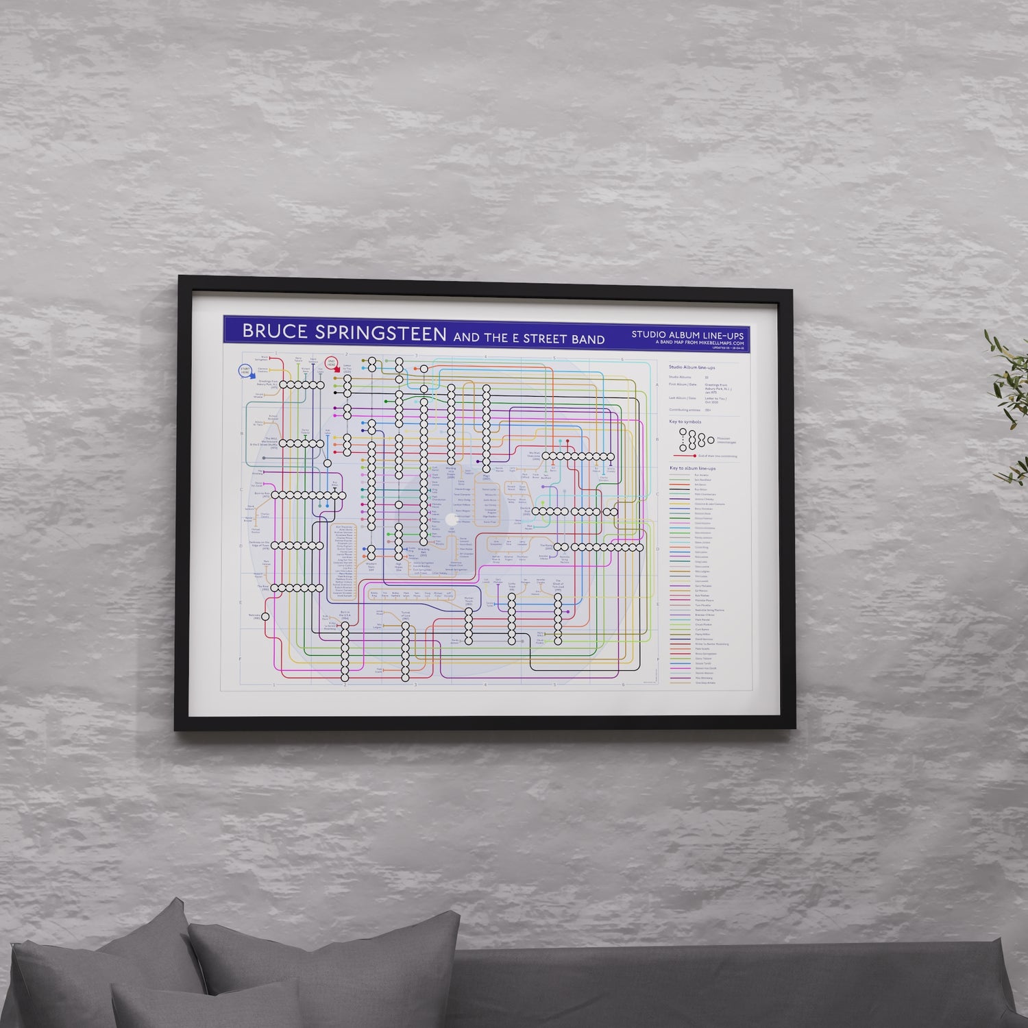 Bruce Springsteen discography map in A1 size, framed Giclée wall art print in black handmade Italian solid wood frame by Mike Bell.