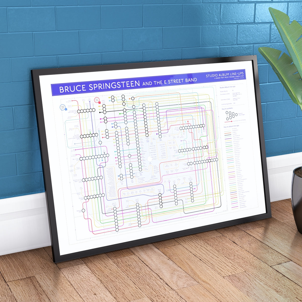 Bruce Springsteen discography map in A1 size, framed Giclée wall art print in a wooden frame by Mike Bell.