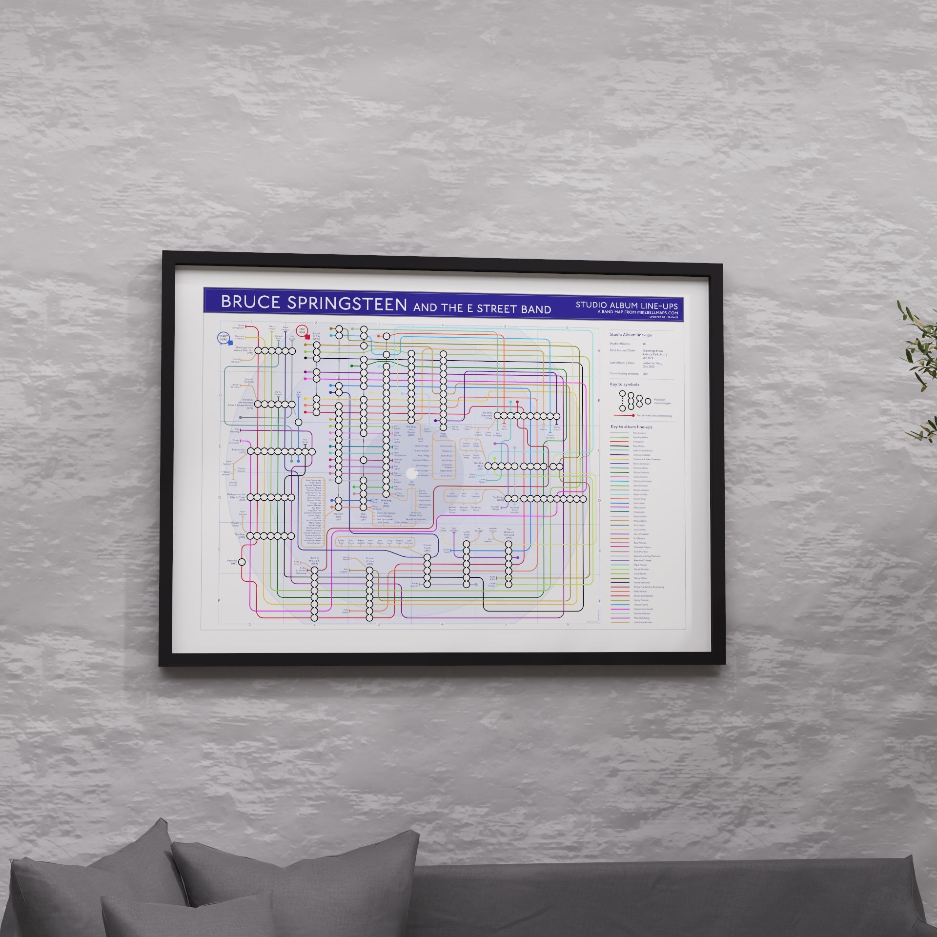 Bruce Springsteen discography map in A1 size, framed Giclée wall art print in black handmade Italian solid wood frame by Mike Bell.