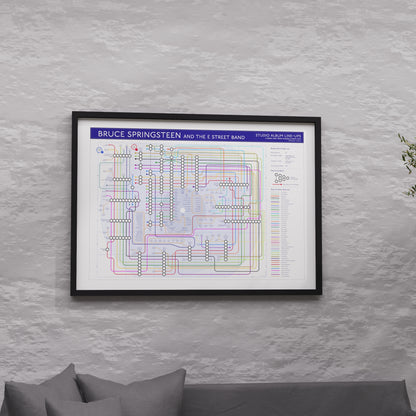 Bruce Springsteen discography map in A1 size, framed Giclée wall art print in black handmade Italian solid wood frame by Mike Bell.