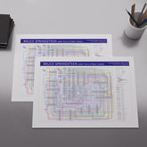 Close-up of the Bruce Springsteen discography map showing the long unbroken tube lines of Roy Bittan and Max Weinberg across the E Street Band catalogue, designed by Mike Bell.