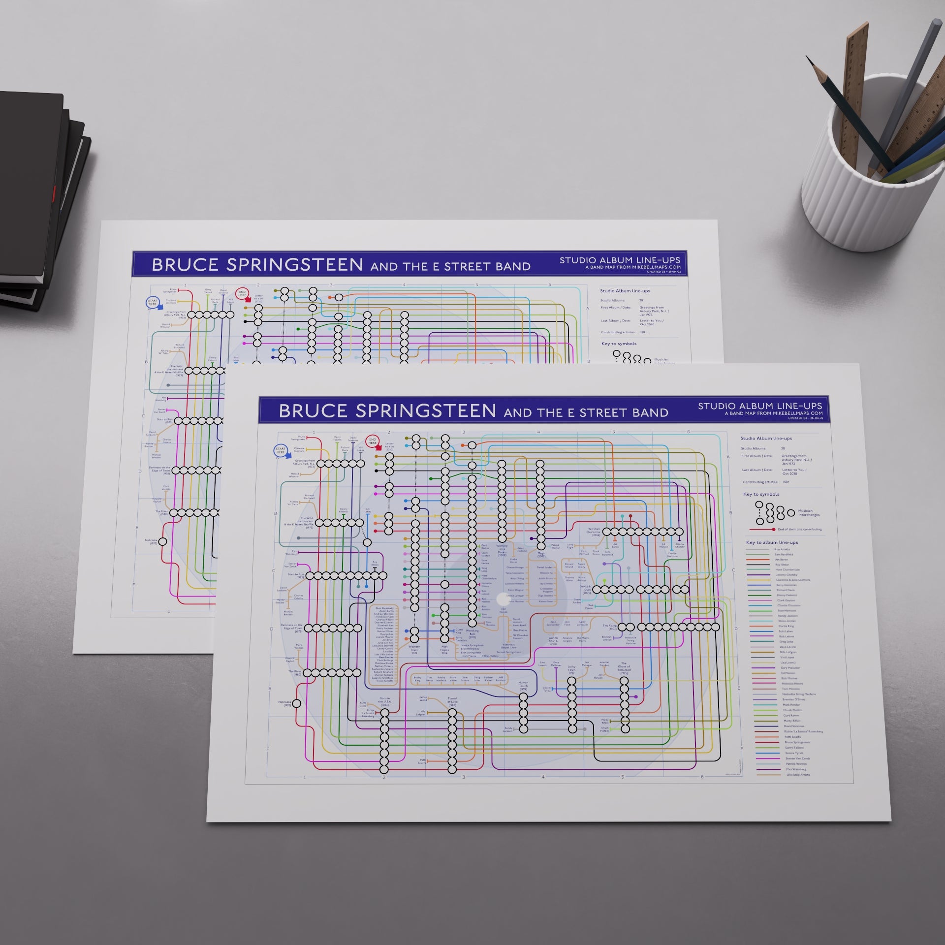 Close-up of the Bruce Springsteen discography map showing the long unbroken tube lines of Roy Bittan and Max Weinberg across the E Street Band catalogue, designed by Mike Bell.