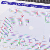 Close-up of the Arctic Monkeys discography tube map showing the bass line change from Andy Nicholson on the 2006 debut to Nick O&