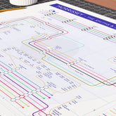Close-up detail of the Morrissey discography tube map showing musician lines across the solo albums, ideal present for fans of Morrissey, designed by Mike Bell.