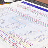 Close-up detail of the Pink Floyd discography tube map showing musician lines from Syd Barrett to David Gilmour and beyond, ideal present for fans of Pink Floyd, designed by Mike Bell.