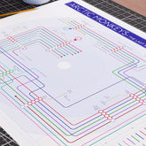 Close-up detail of the Arctic Monkeys discography tube map showing Alex Turner, Matt Helders and Jamie Cook as the constant lines, designed by Mike Bell.