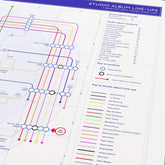 Close-up detail of the Fleetwood Mac discography tube map showing album connections and musician credits, designed by Mike Bell.